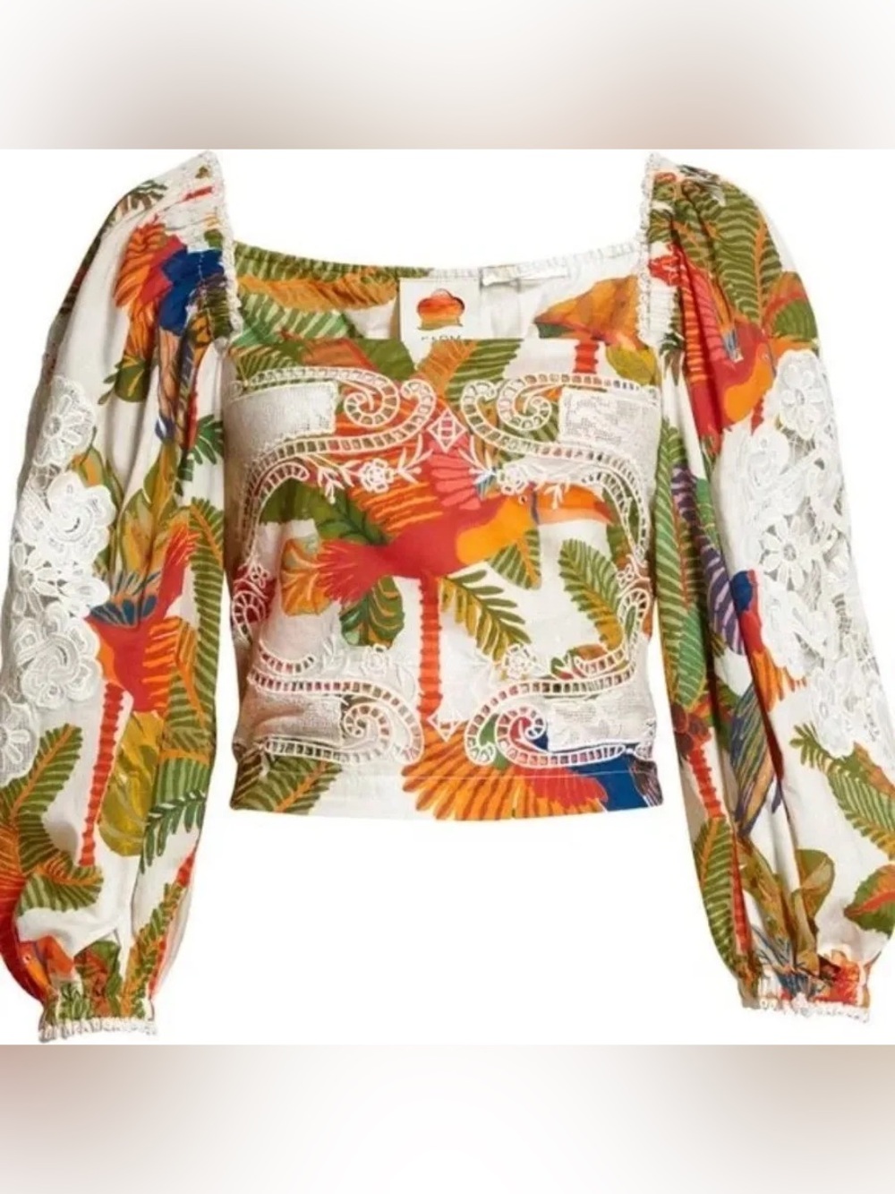 NWT✨ FARM RIO • Tropical Forrest Birds • White Lace Puff Sleeve Blouse • MEDIUM
